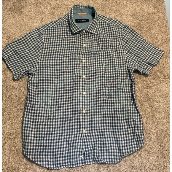 Tommy Bahama Other - Tommy Bahama Mens Short Sleeve Gingham‎ 100% Linen Button Up Shirt Large Damage